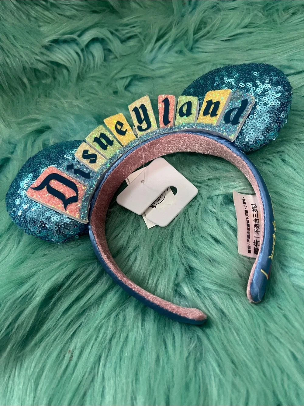 NWT Disney Teal Sequin marquee Minnie Ear Headband Happiest Place On Earth